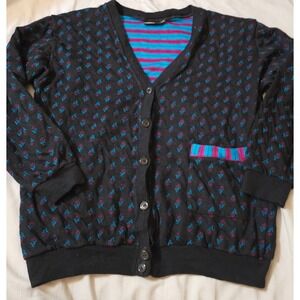 Andover Vintage Floral Cardigan Black Pink Blue Stripe Pocket Button Up